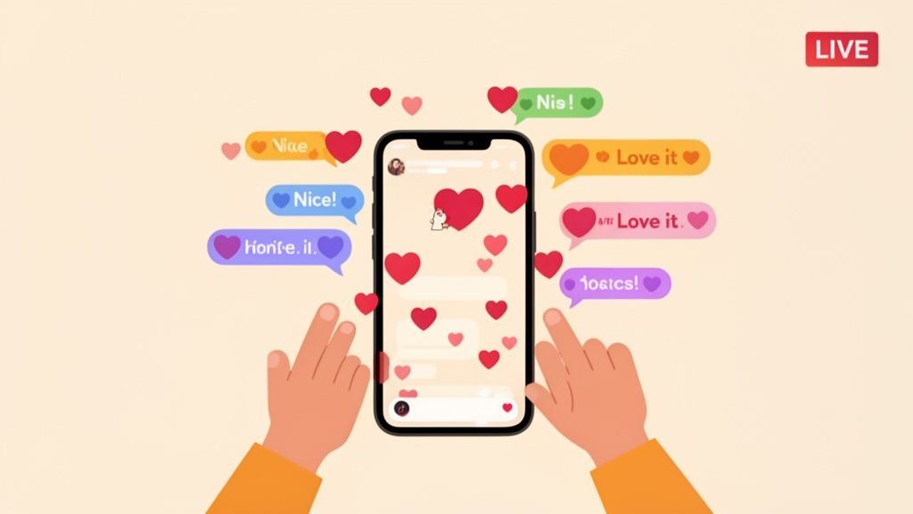 Hands interact with a smartphone showing a live stream with hearts and chat bubbles.