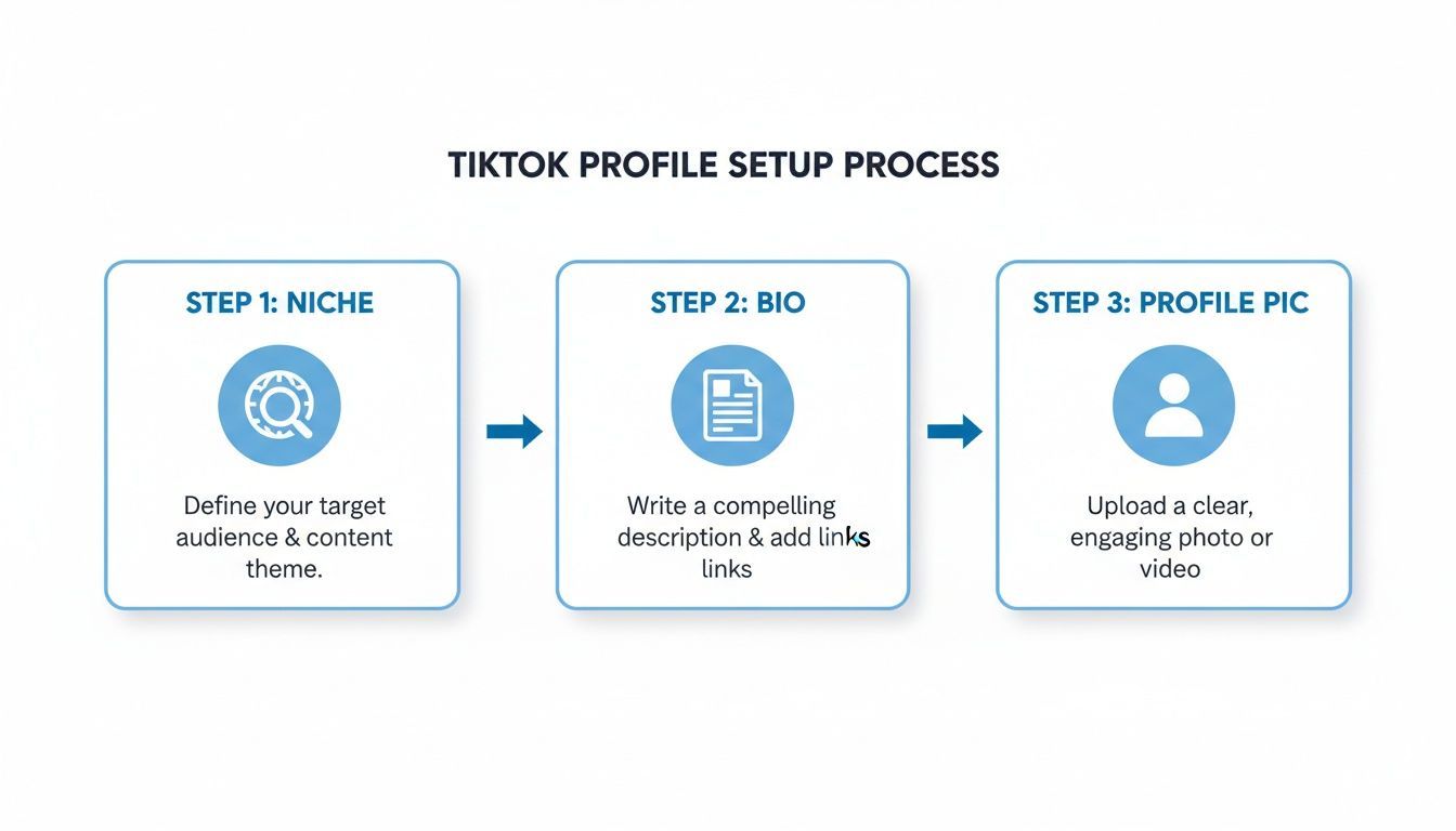 An infographic detailing the three steps of the TikTok profile setup process: Niche, Bio, and Profile Pic.