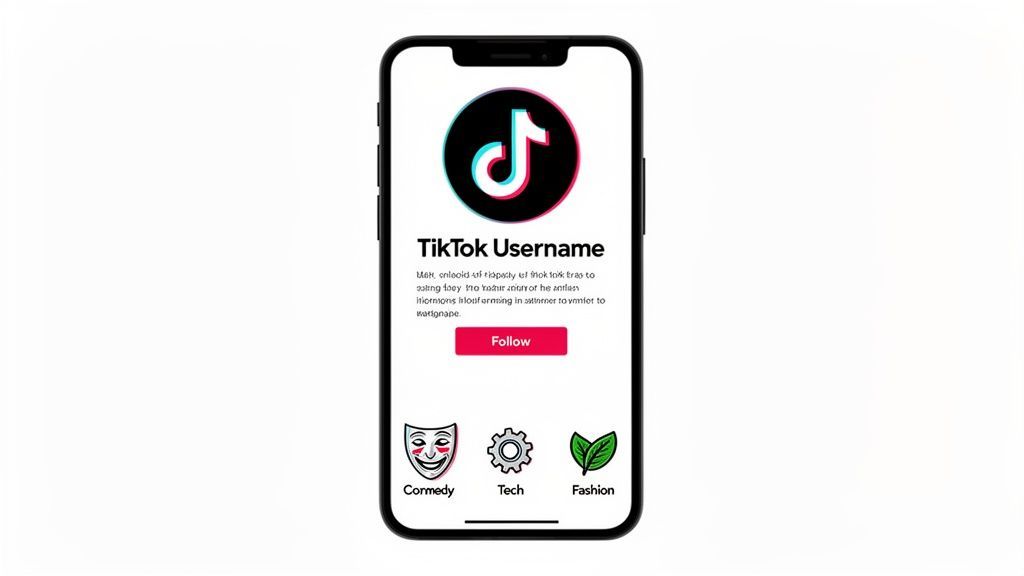 A smartphone screen displaying a TikTok profile page with username, bio, follow button, and category icons.
