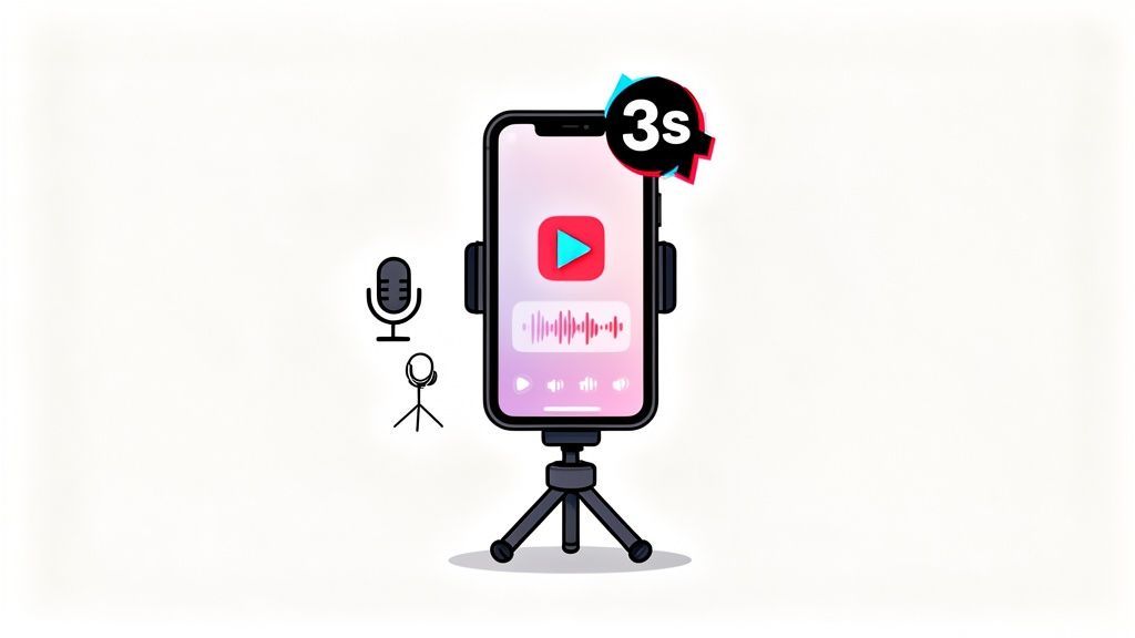 A phone on a tripod displays video and audio editing, with microphones and a TikTok 3s timer.