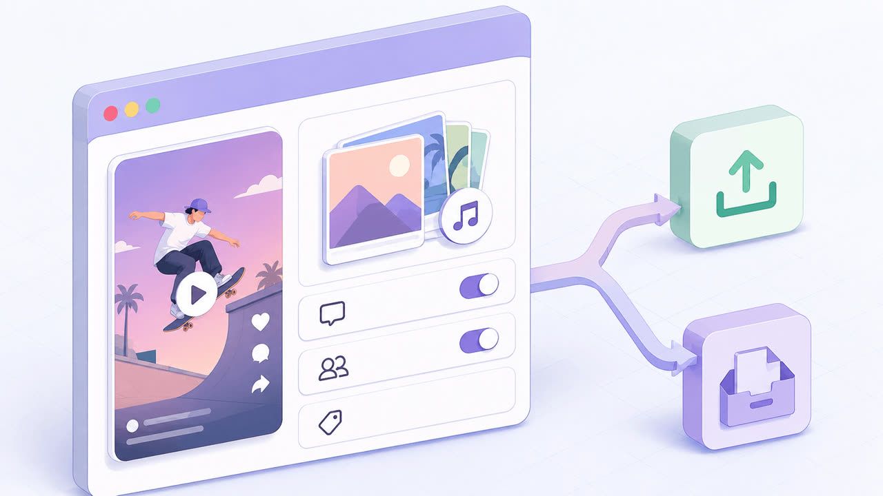 A browser composer for TikTok videos and photo carousels with a publish or draft choice
