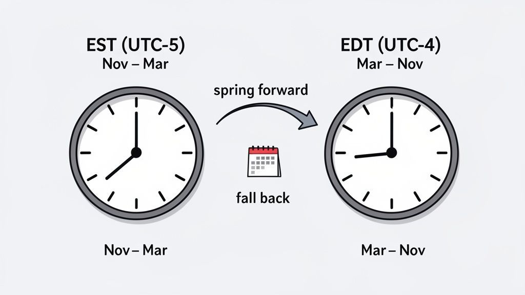 Diagram showing Daylight Saving Time transition between EST (UTC-5) and EDT (UTC-4) with clocks.