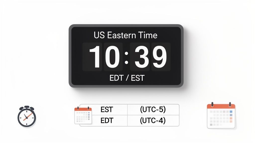 Digital clock displaying US Eastern Time 10:39, with definitions for EST (UTC-5) and EDT (UTC-4).
