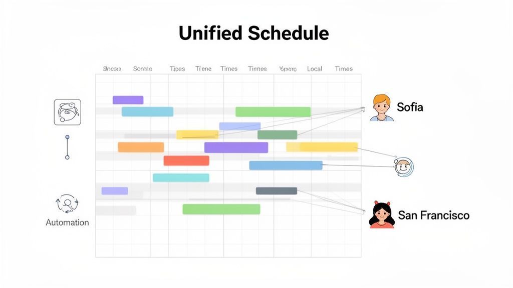 Unified schedule Gantt chart showing tasks assigned to Sofia, San Francisco, and automation elements.