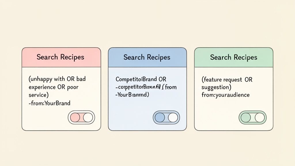 Three cards display advanced search recipes for monitoring brand sentiment, competitors, and audience feedback.