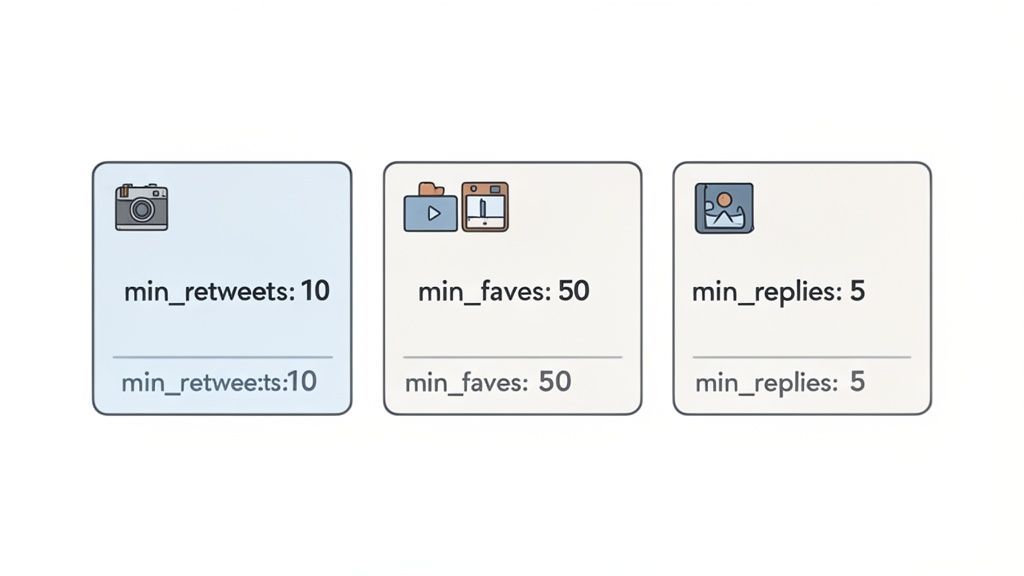 Advanced Twitter search parameters for media, showing minimum retweets, favorites, and replies.
