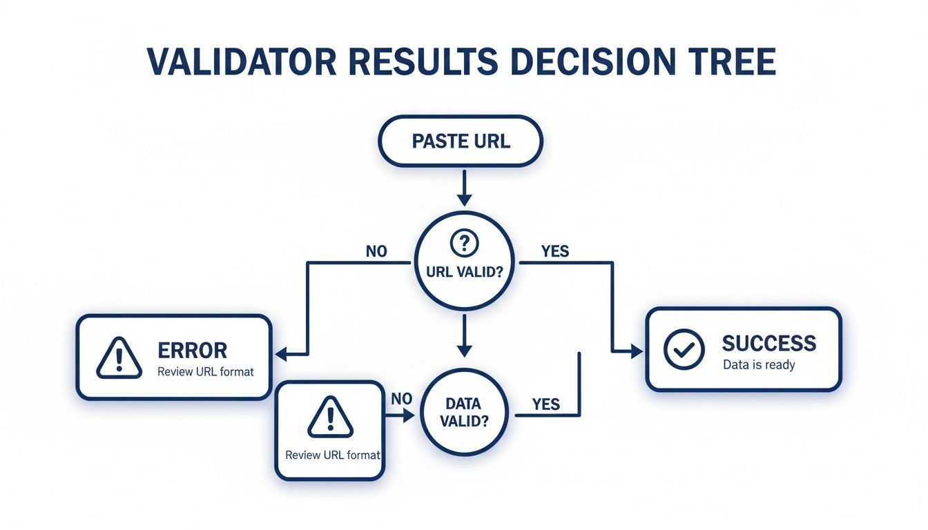 A decision tree flowchart for a validator, showing URL and data validation leading to success or error.