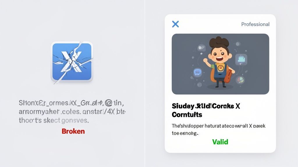 Two side-by-side cards, one showing a broken X logo with "Broken" status, the other a valid cartoon profile with "Valid" status.
