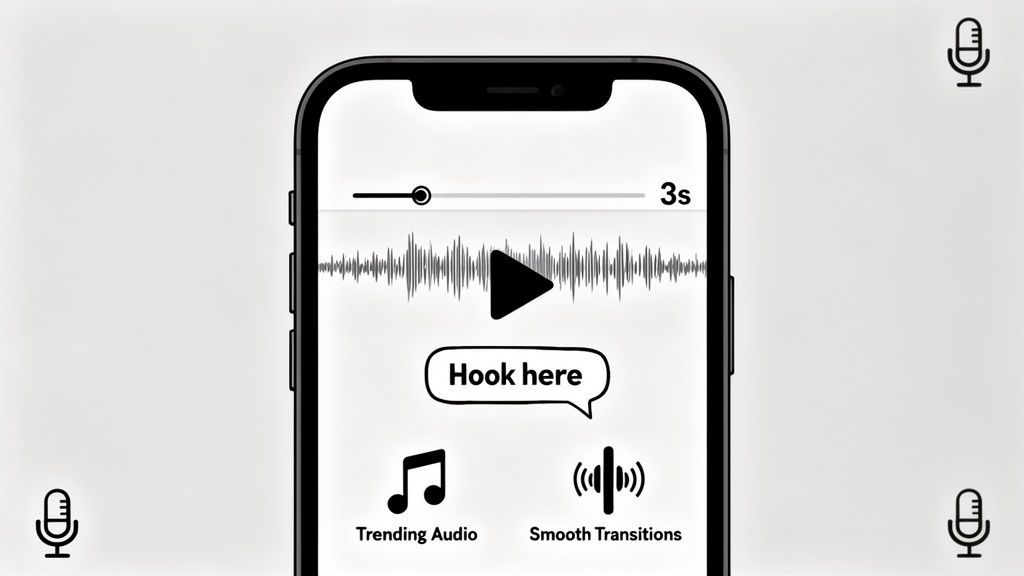 A smartphone screen displays an audio editing interface with a waveform, play button, and options for trending audio and smooth transitions.