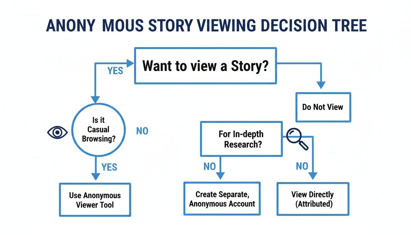 A decision tree flow chart for anonymous story viewing, detailing steps for casual browsing or in-depth research.