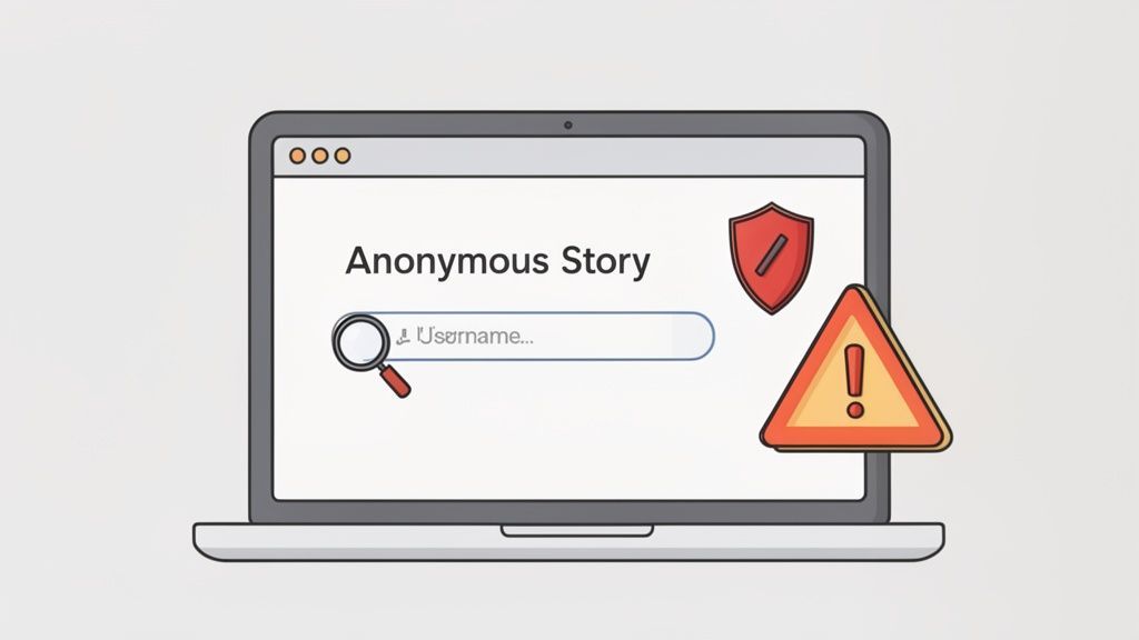 Illustration of a laptop with an 'Anonymous Story' search, a red shield, and a yellow warning triangle.