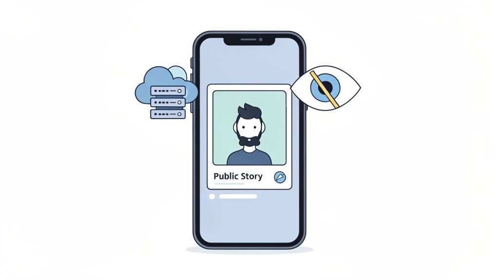 Smartphone displays a public story, flanked by cloud servers and an eye icon symbolizing anonymous viewing.