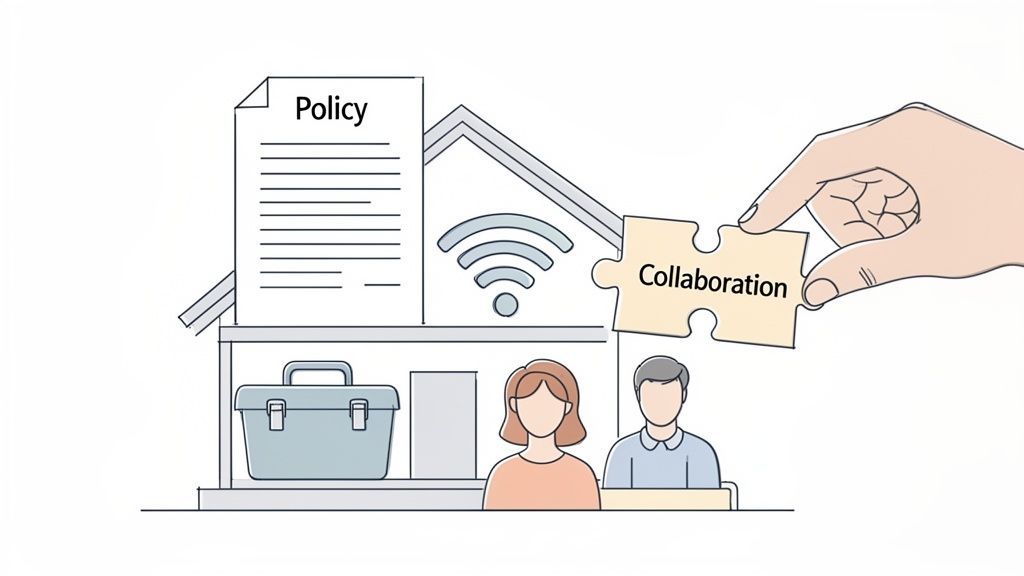 Illustration of a house with 'Policy', Wi-Fi, toolbox, and two people. A hand adds a 'Collaboration' puzzle piece.