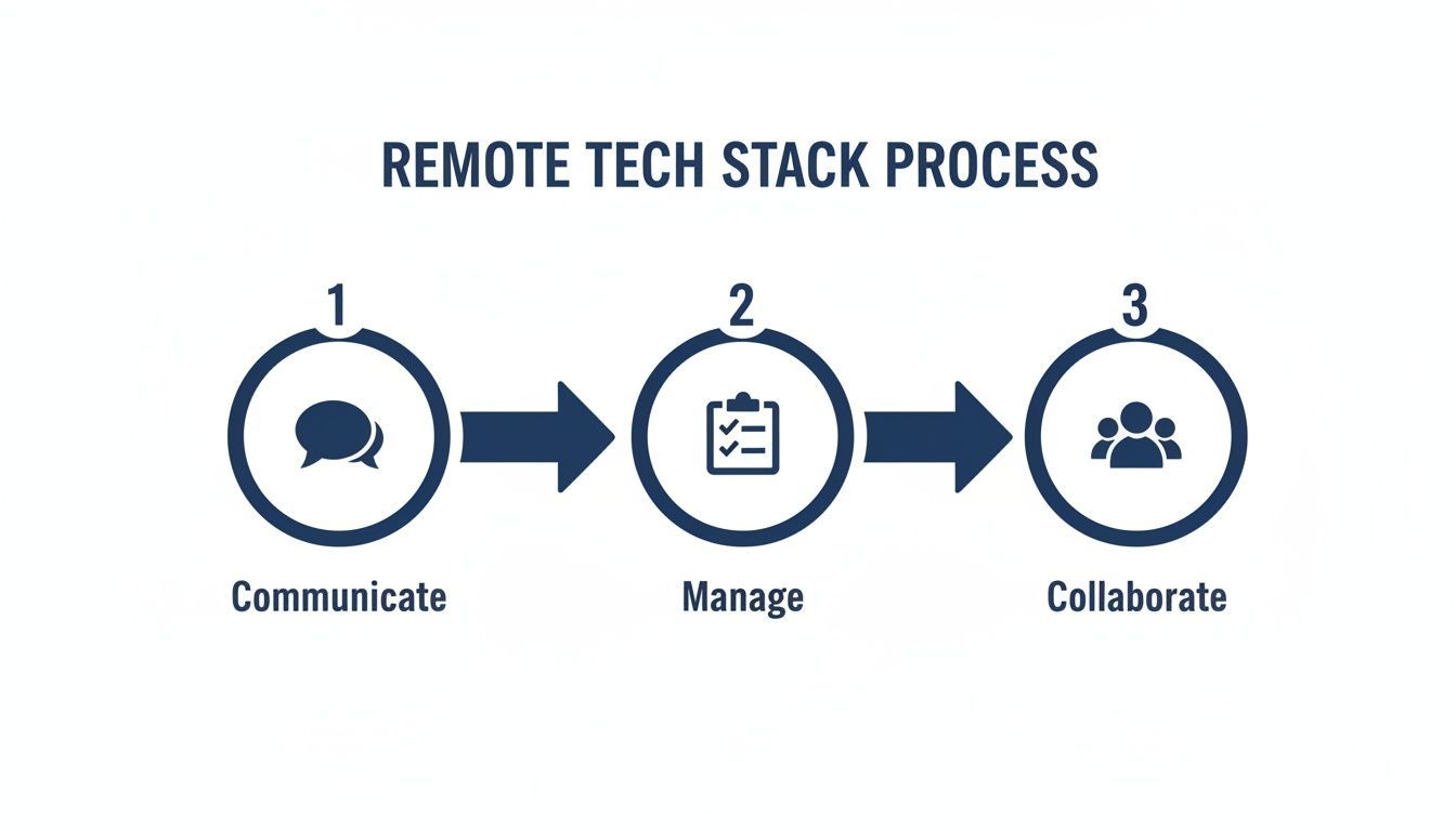 A diagram outlining the remote tech stack process with three key steps: Communicate, Manage, and Collaborate.