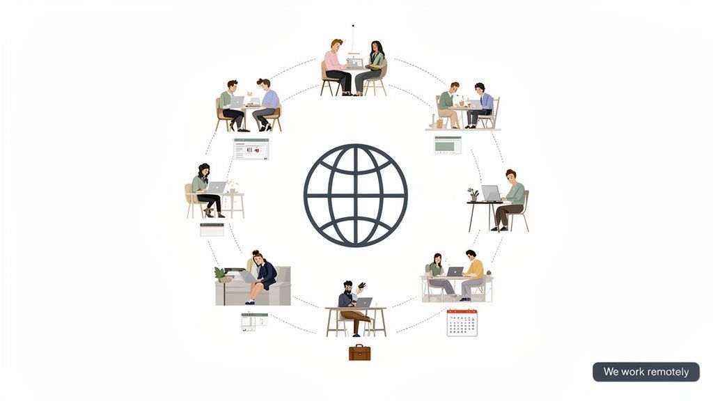 Illustrative diagram showing diverse individuals working remotely from various locations, connected globally.