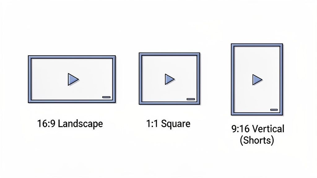 Diagram showing three common YouTube video aspect ratios: 16:9 landscape, 1:1 square, and 9:16 vertical (Shorts).
