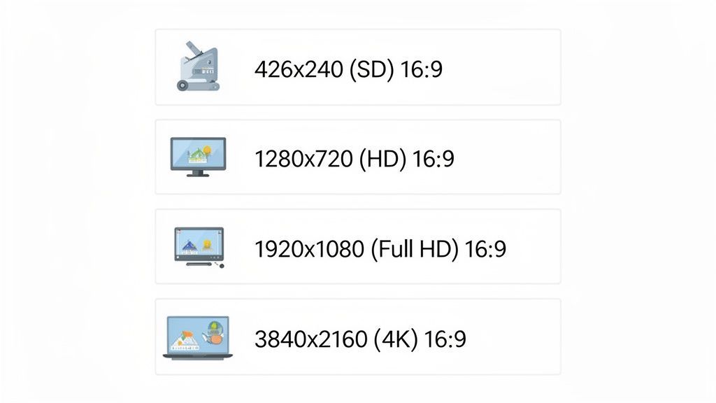 A list of video resolutions from SD to 4K, showing dimensions and aspect ratios for different devices.