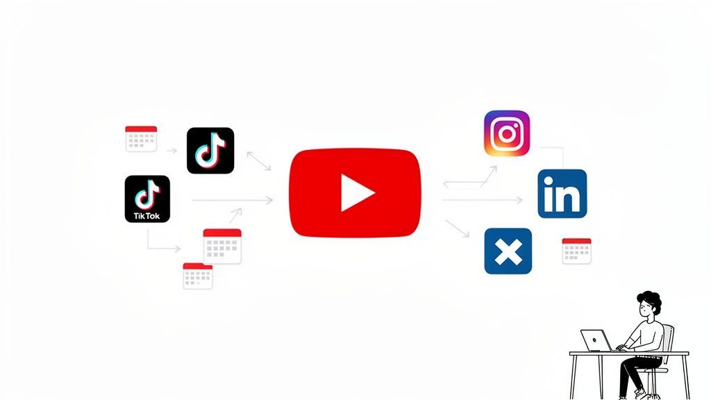 A diagram showing content workflow from TikTok to YouTube, then distributing to Instagram, LinkedIn, and X.