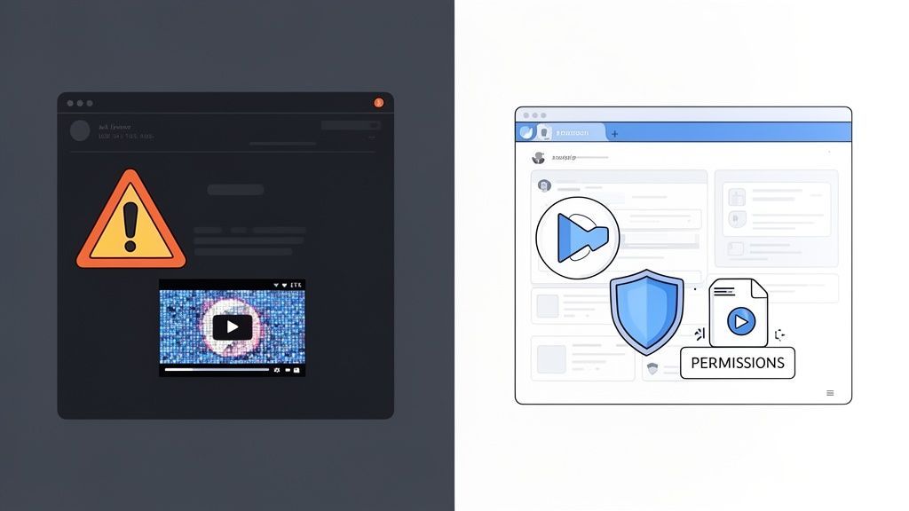 Two interfaces: one with a warning triangle and a video, another with security shield and permissions for video playback.
