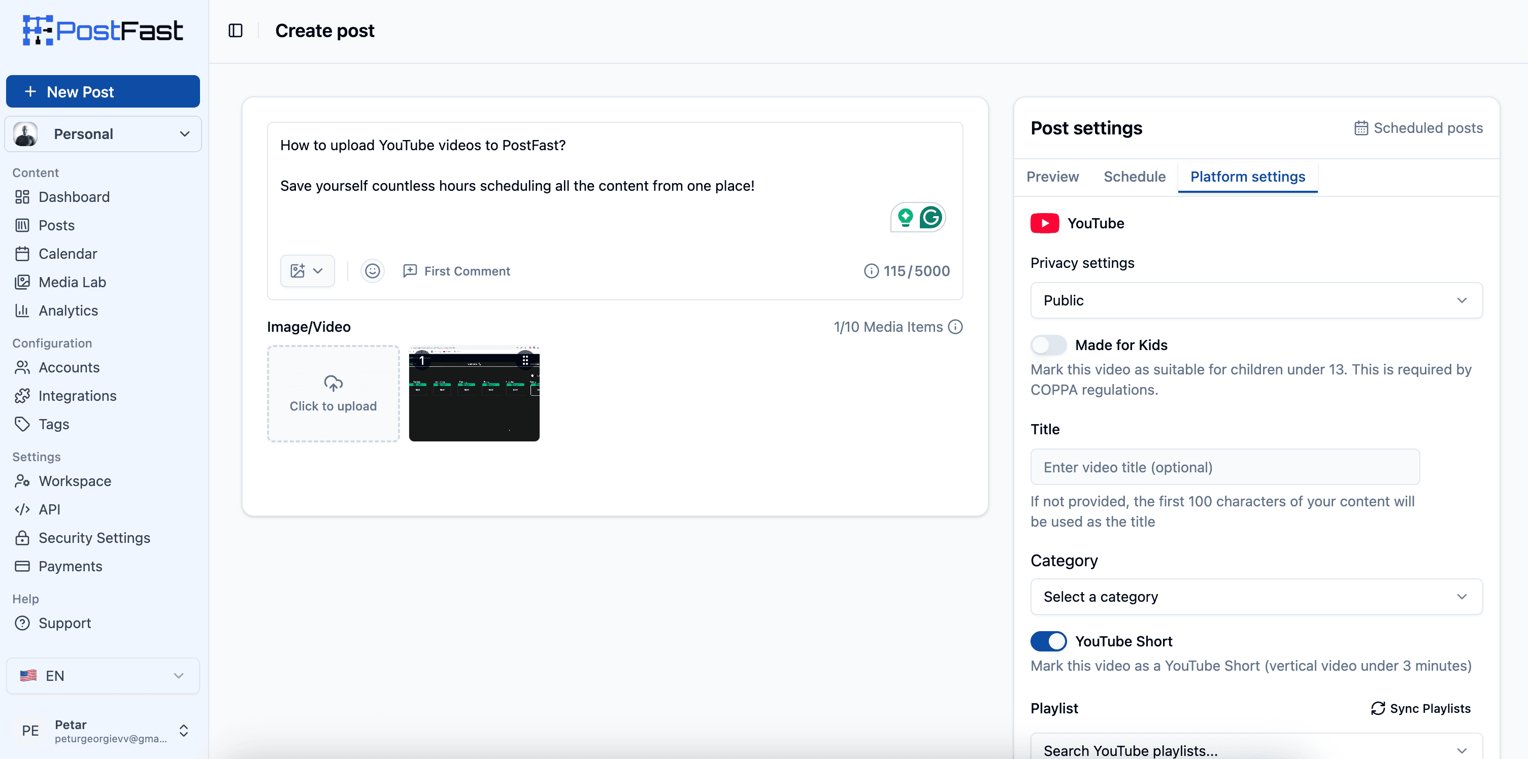 Scheduling YouTube uploads in PostFast