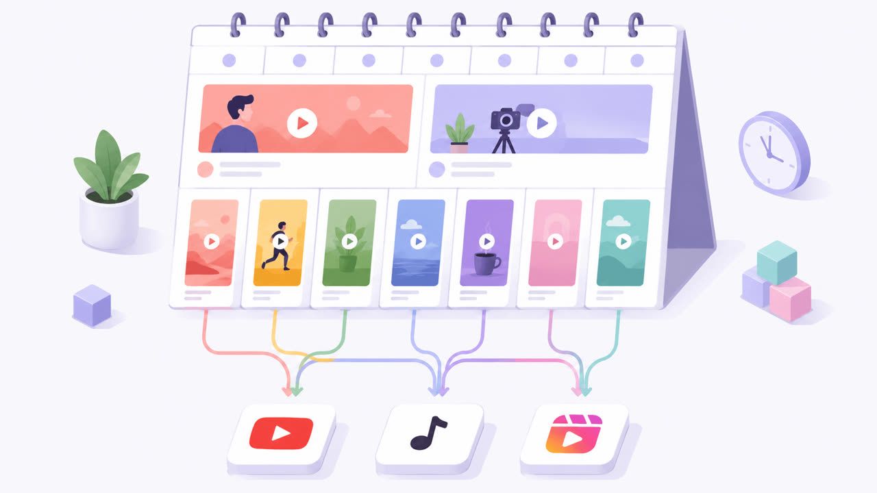 A weekly posting plan with two long-form videos and daily Shorts cross-posted to other platforms