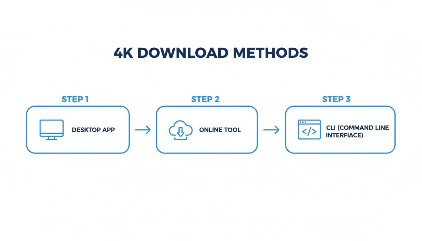 Diagram showing three 4K video download methods: Desktop App, Online Tool, and CLI.