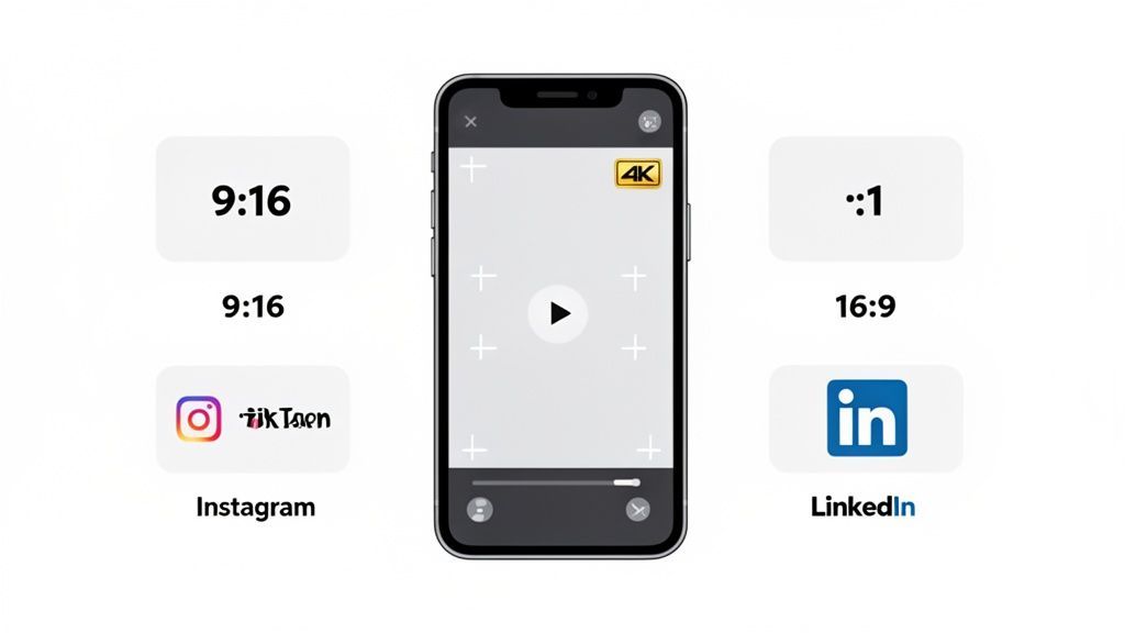 Smartphone screen showing 4K video capture, surrounded by aspect ratios for Instagram, TikTok, and LinkedIn.