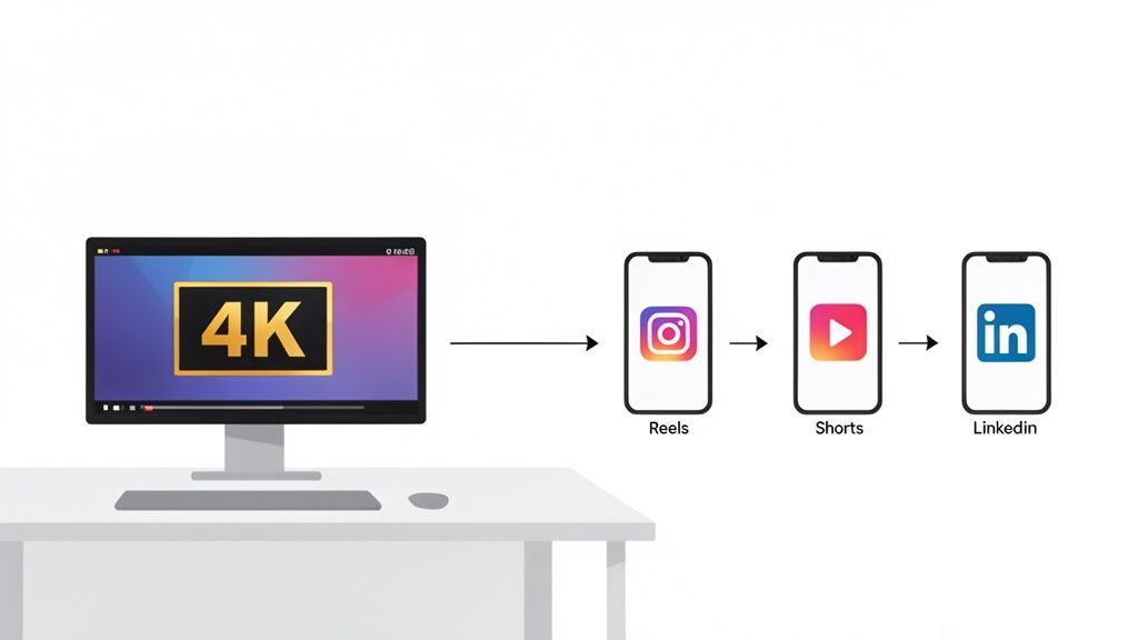 A 4K video on a desktop monitor is shown being shared to Instagram Reels, YouTube Shorts, and LinkedIn.