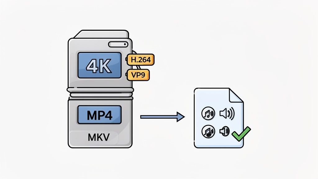 Illustration of a 4K video file (MP4, MKV) with codecs H.264, VP9 converting to an audio file.
