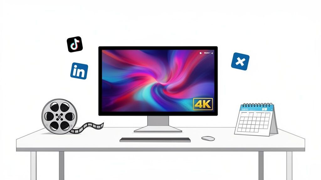 A desk with a 4K monitor displaying an abstract image, social media icons, a film reel, and a calendar.