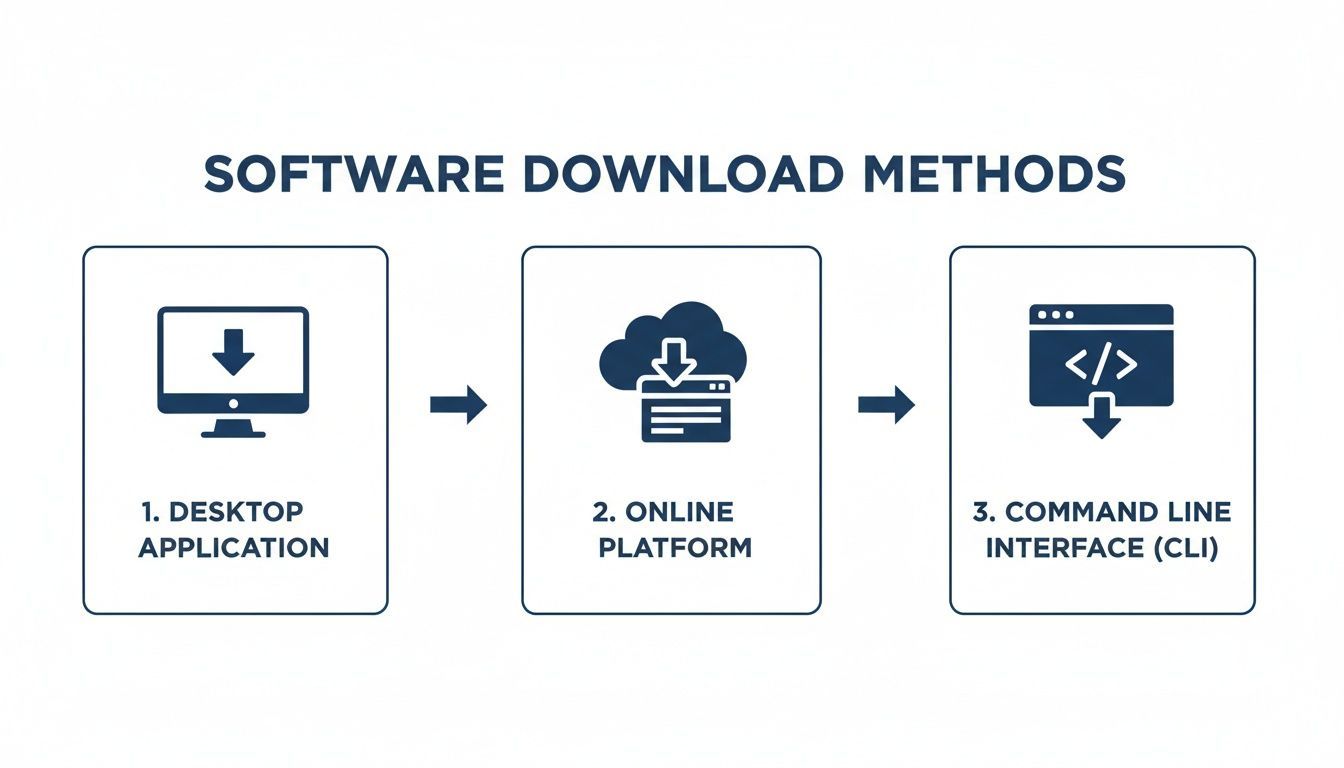 Illustration showing three methods for software download: desktop application, online platform, and command-line interface.